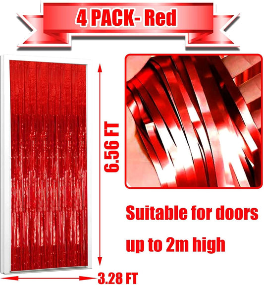 4 Pack Red Foil Fringe Curtain Backdrop, 3.28Ft x 6.56Ft Metallic Tinsel Foil Fringe Streamers Curtains for Photo Booth, Wedding, Thanksgiving, Birthday, Christmas, Halloween Party Decoration