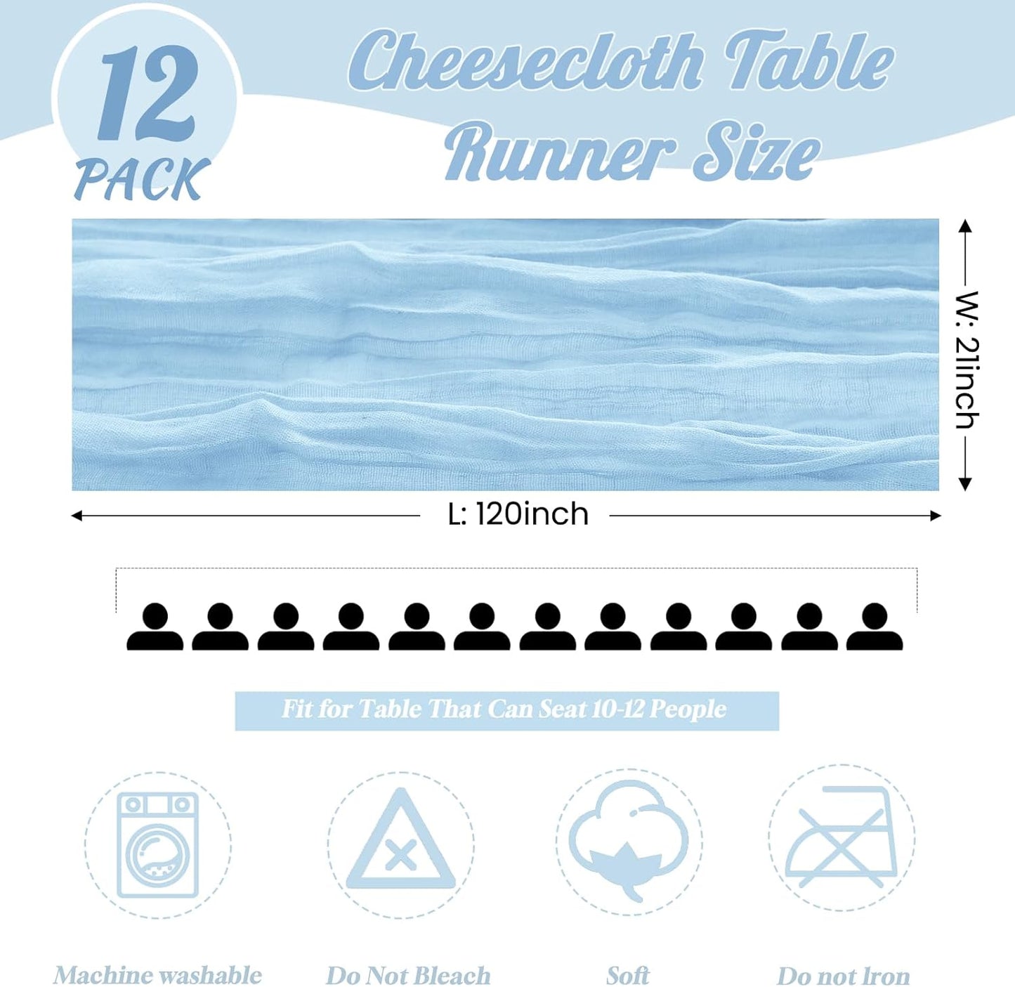 12 Pack Light Blue Table Runner 10FT Cheesecloth Table Runner 21 x 120 inch Boho Gauze Cheese Cloth Table Runner Rustic Sheer Table Runner for Party Wedding Bridal Baby Shower Birthday Table Decor