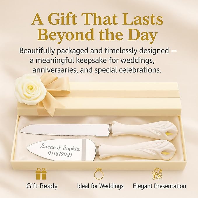 GIFTS INFINITY Personalized Wedding Cake Knife and Server Set with Engraving – Cake Cutting Utensil Set, Keepsake Gift for Wedding, Anniversary, Reception, Birthday & Other Occasions (Lily)