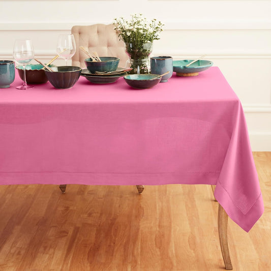Solino Home Flamingo Pink Linen Tablecloth 60 x 132 Inch - Classic Hemstitch, 100% Pure Linen Rectangular Tablecloth - Machine Washable Table Cloth for Halloween