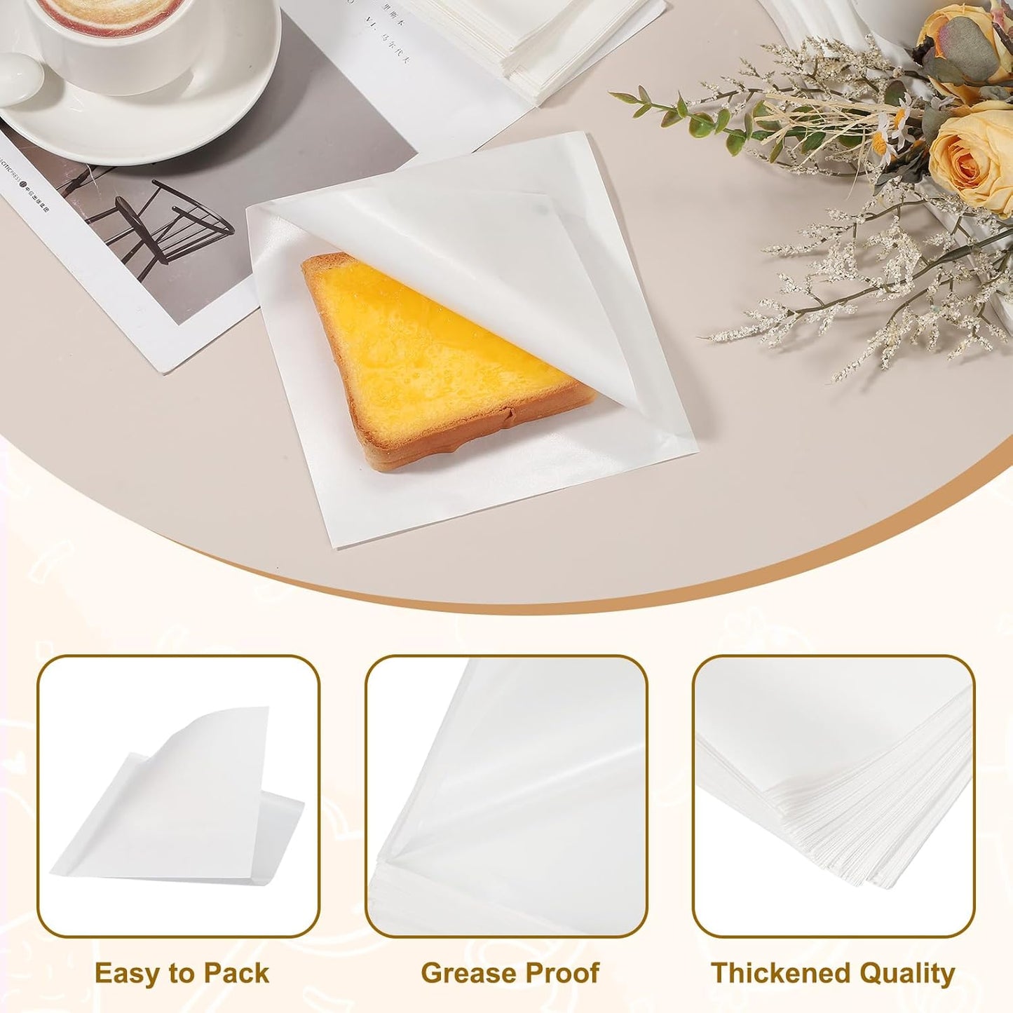 uxcell 200pcs Pastry Bags, 4.7 x 4.7 Inch Greaseproof Double Open Paper Wrappers Sandwich Bags for Donut Sandwich Pretzel Snacks Cookies, White Paper