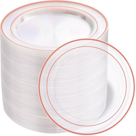 bUCLA 100PCS Clear Rose Gold Plastic Plates Disposable - Heavy Duty 6.25 Inch Clear Plastic Dessert Plates with Rose Gold Trim - Ideal for Party, Wedding & Mother’s Day