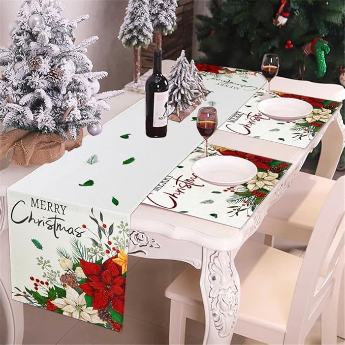 Merry Christmas Winter Table Runner, 13x72 inch Red Floral Holly Berry Vintage Xmas Seasonal Holiday Kitchen Dining Table Runners for Home Indoor Mantel Party Farmhouse Decoration
