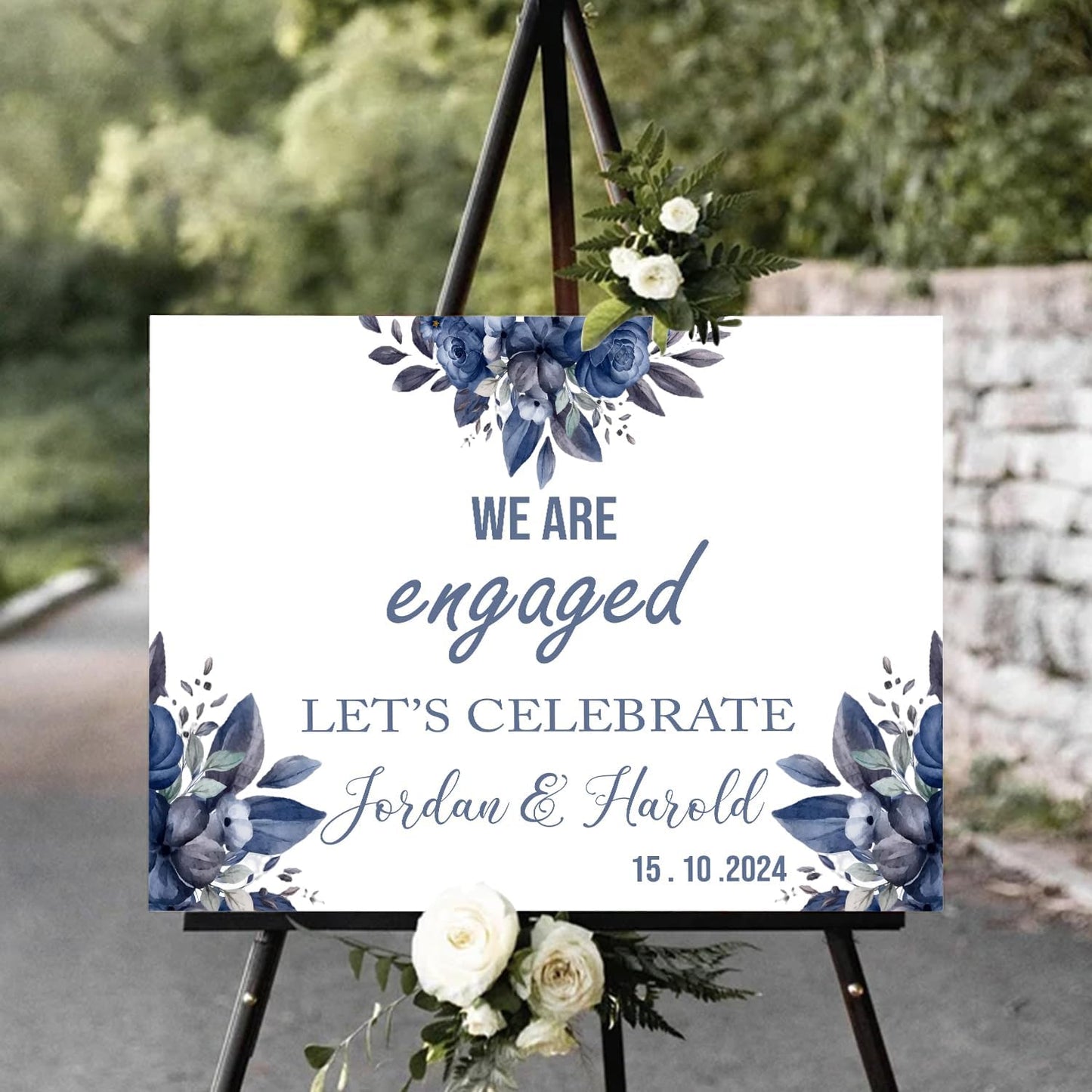 Blue Rose Flower Engagement Welcome Sign - We Are Engaged Minimalist Photo, Rustic Decor for Our Party