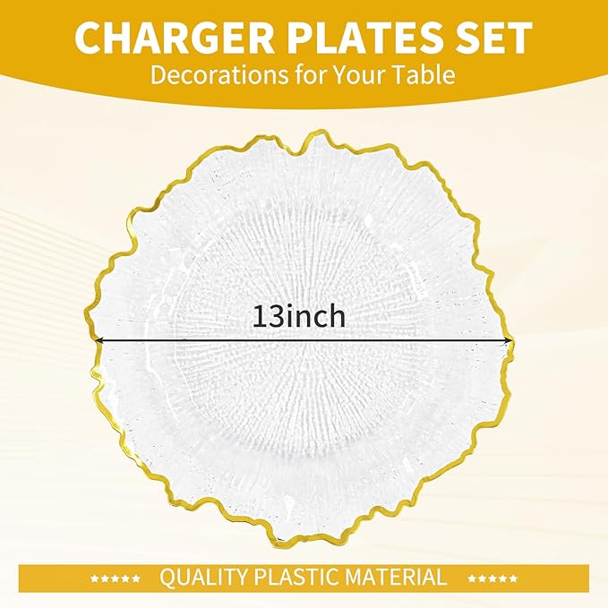 24 Pcs Clear Charger Plates Bulk 13 Inch Plastic Charger Plates for Dinner Plate, Clear with Gold Rim Chargers for Table Setting, Reef Design Plate Floral Decor Round Chargers for Wedding Party Event