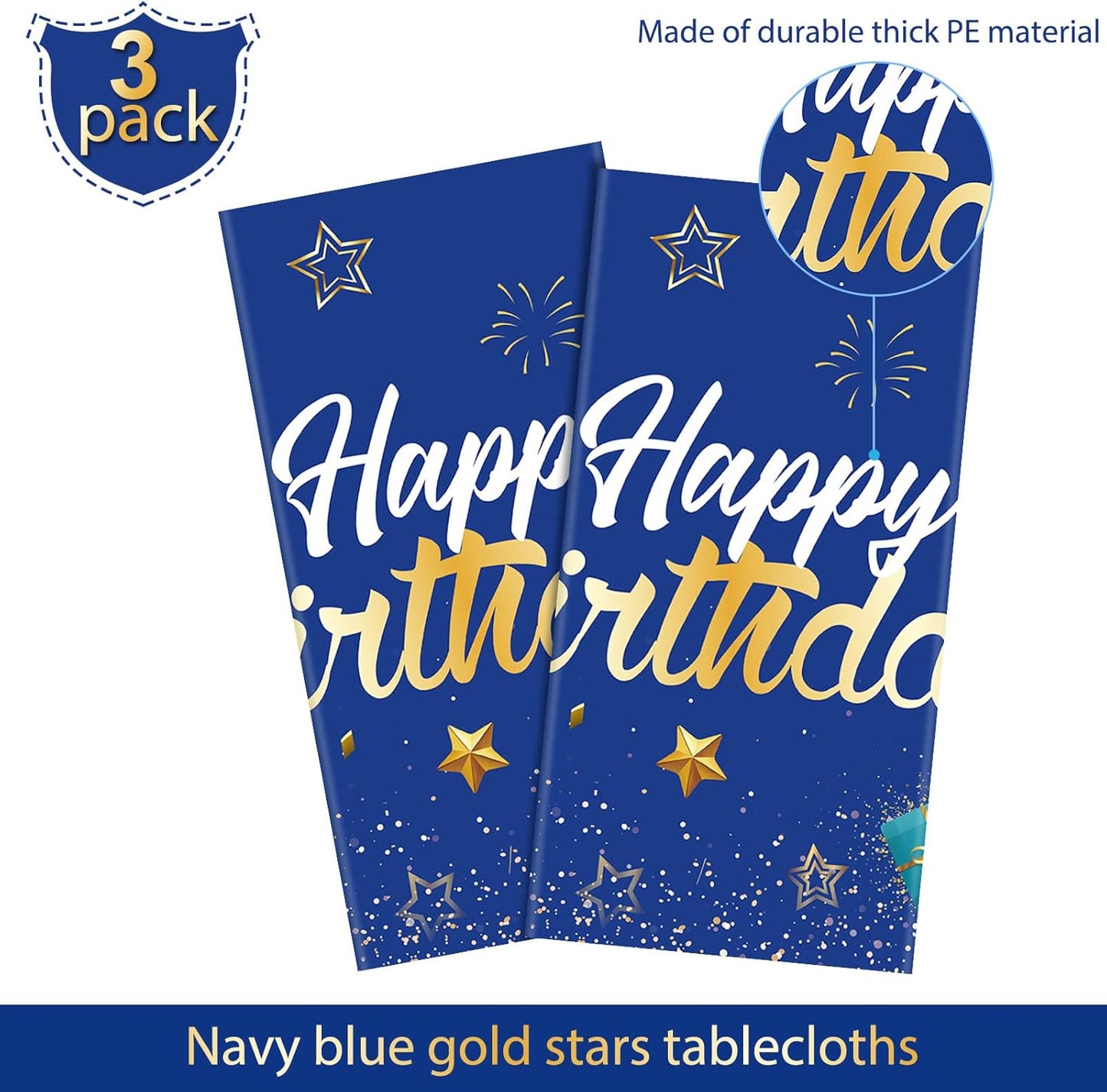 Tegeme Navy Blue Party Supplies Stars Happy Birthday Tablecloths Starry Confetti Table Covers for Kids Boys Girls Baby Shower Birthday Party Decorations(Navy Blue and Gold,2 Pack)