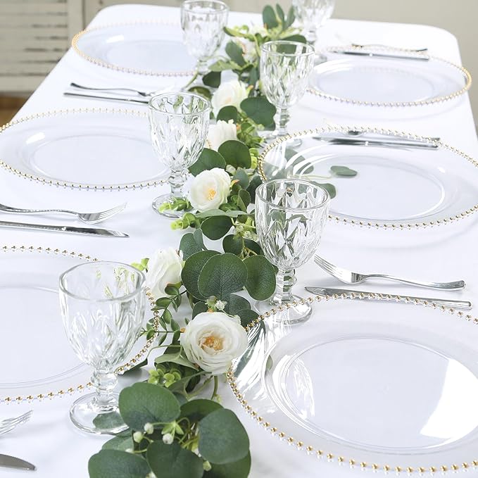 Efavormart 10 Pack Clear Gold Economy Plastic Charger Plates with Beaded Rim, Round Decorative Serving Plates - 13"