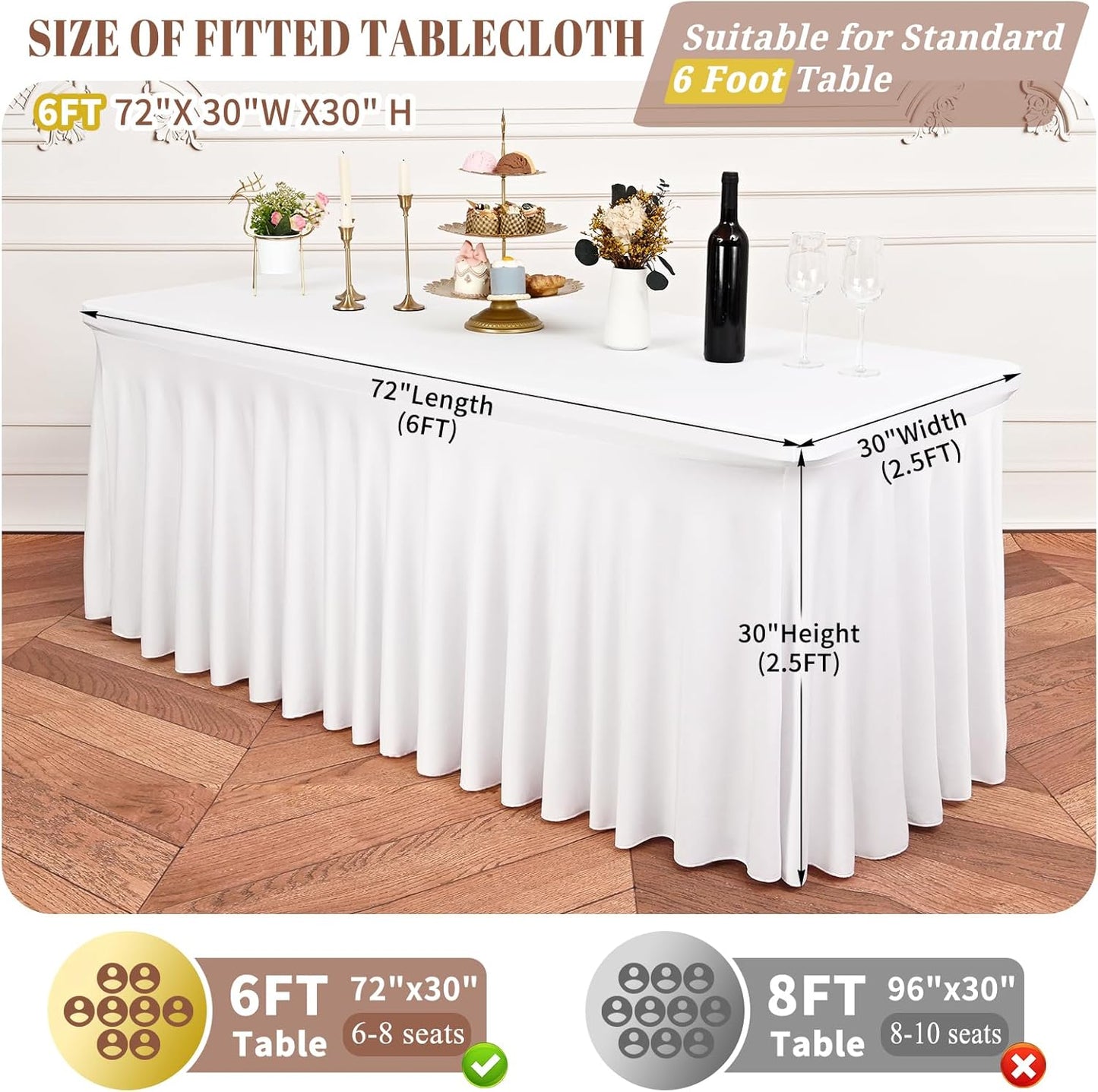 6 Packs White Stretch Table Skirts for 6 Foot Rectangle Table, Washable Spandex Stretch Tablecloths with Skirt, Wrinkle Resistant Fitted Tablecover for Wedding Party Banquet