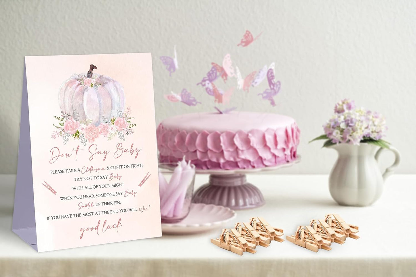 Don't Say Baby Baby Shower Game,Boho Fall Pumpkin Baby Shower Decorations,Rustic Baby Shower Decorations,Neutral Baby Shower Decorations,Baby Shower Game Ideas,1 Sign & 50 Mini Clothespins Set-B17