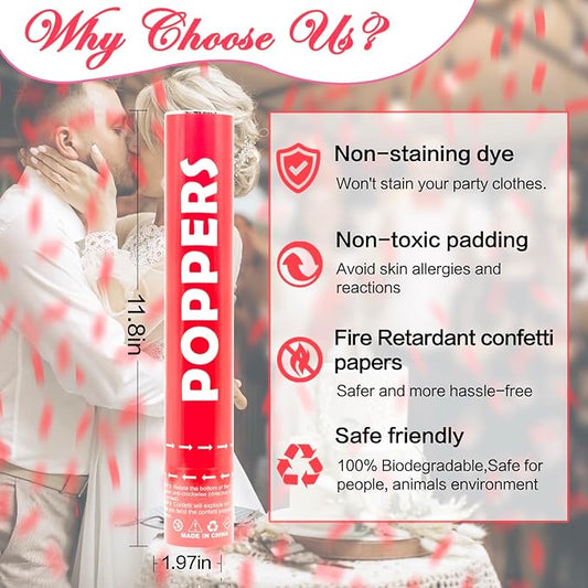 Confetti Cannon 12 Pack Red Biodegradable 12 Inch Party Popper Shooters Bulk for Baby Shower, Wedding, Birthday, Graduation, Party Celebrations