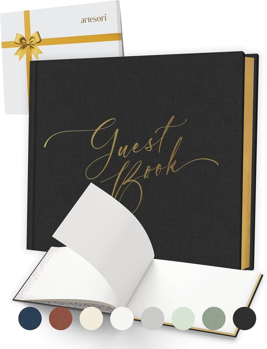 ARTESORI Black Wedding Guest Book — Gold-Foiled Blank Guest Book for Wedding Reception, Funeral Guest & Baby Shower to Sign in — Linen Photo & Polaroid Guest Book, Elegant Guestbook