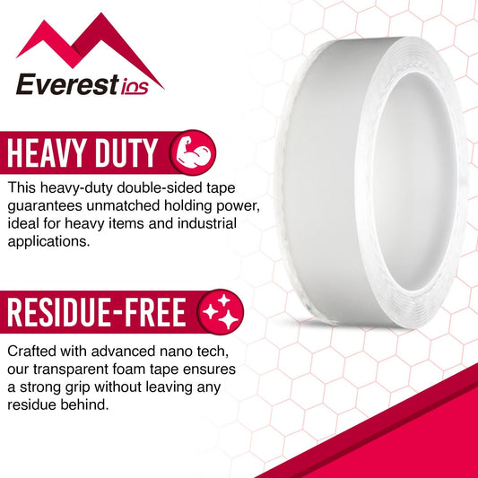 Everest Nano Tech Double Sided Tape, Heavy Duty, Strong Holding Power. Multipurpose Transparent Foam Tape, Picture Hanging Adhesive Strips, Removable Wall Tape Sticky Poster Tape, 9.85FT