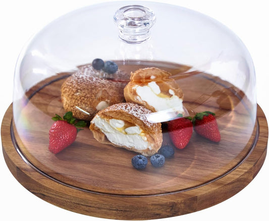 Cake Stand with Lid, Acacia Wood 12in Round Cake Holder, 2-in-1 Dessert Table Display Set & Charcuterie Board for Cheese, Chips & Dips, Nachos, Fruit Platter, Large Acrylic Cake Dome Cover