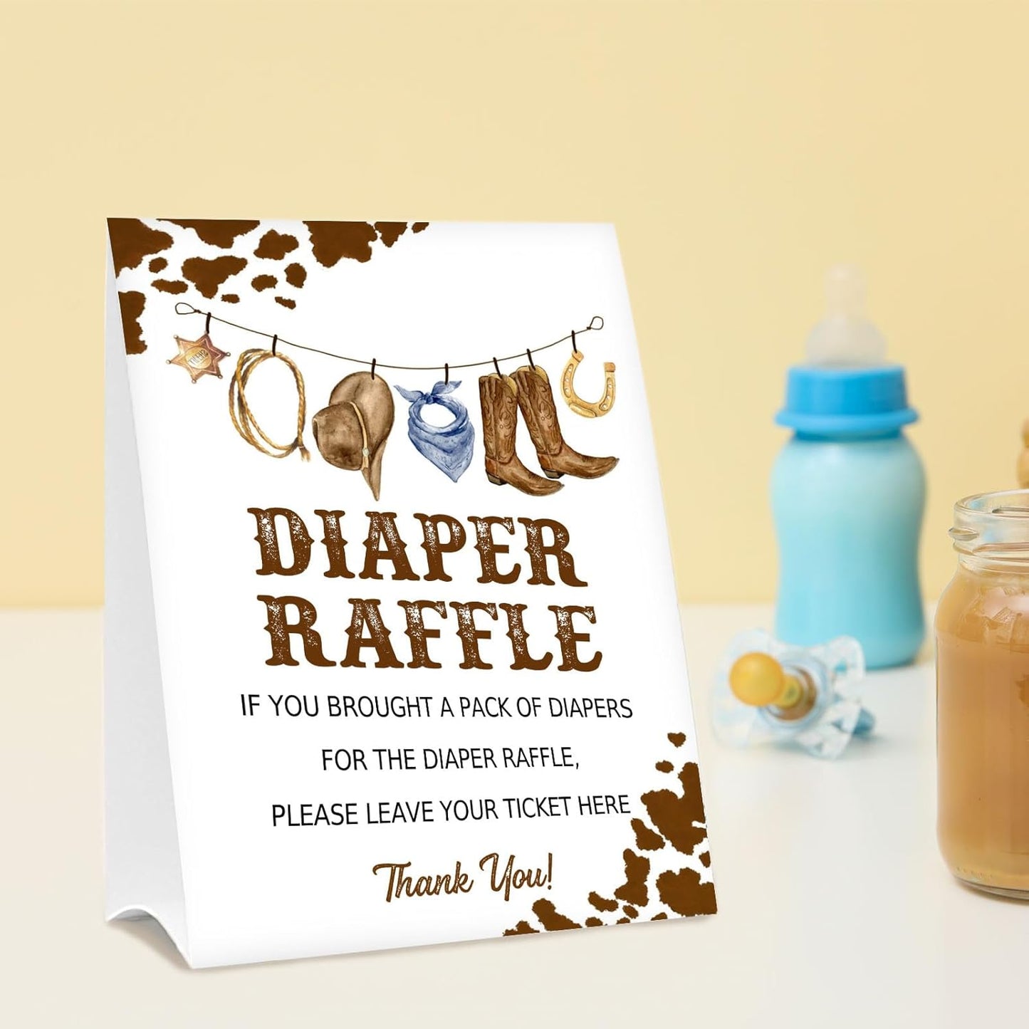 Diaper Raffle Tickets for Baby Shower Game, 1 Standing Sign & 50 Guessing Cards for Baby Shower Party Decoration, West cowboy