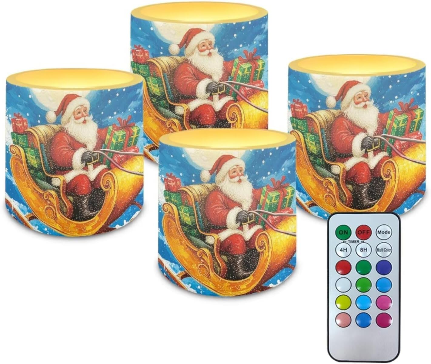 Poceacles 4 PCS Christmas Decoration Flameless LED Candles with Remote and Timer, Battery Powered, Realistic Electric LED Candles for Weddings Parties Home Decor, Santa Claus Sleigh Pattern