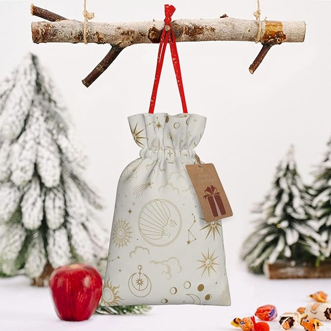 Boho Chic Sun Moon Galaxy Stars Clouds Christmas Gift Bags Christmas Treat Bags Cloth Christmas Gift Bag Drawstring Christmas Bags for Gifts Favor Bags Reusable Xmas Gift Bags for Holiday Party