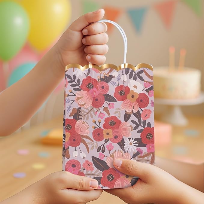 Small Gift Bags with Handles, 12-Pack Paper Party Favor Goodie Bags, 5.82 x 3.15 x 8.18 Inches, 6 Designs in Wildflower Whimsy, Ideal for Birthdays, Baby Showers, and Christmas Parties
