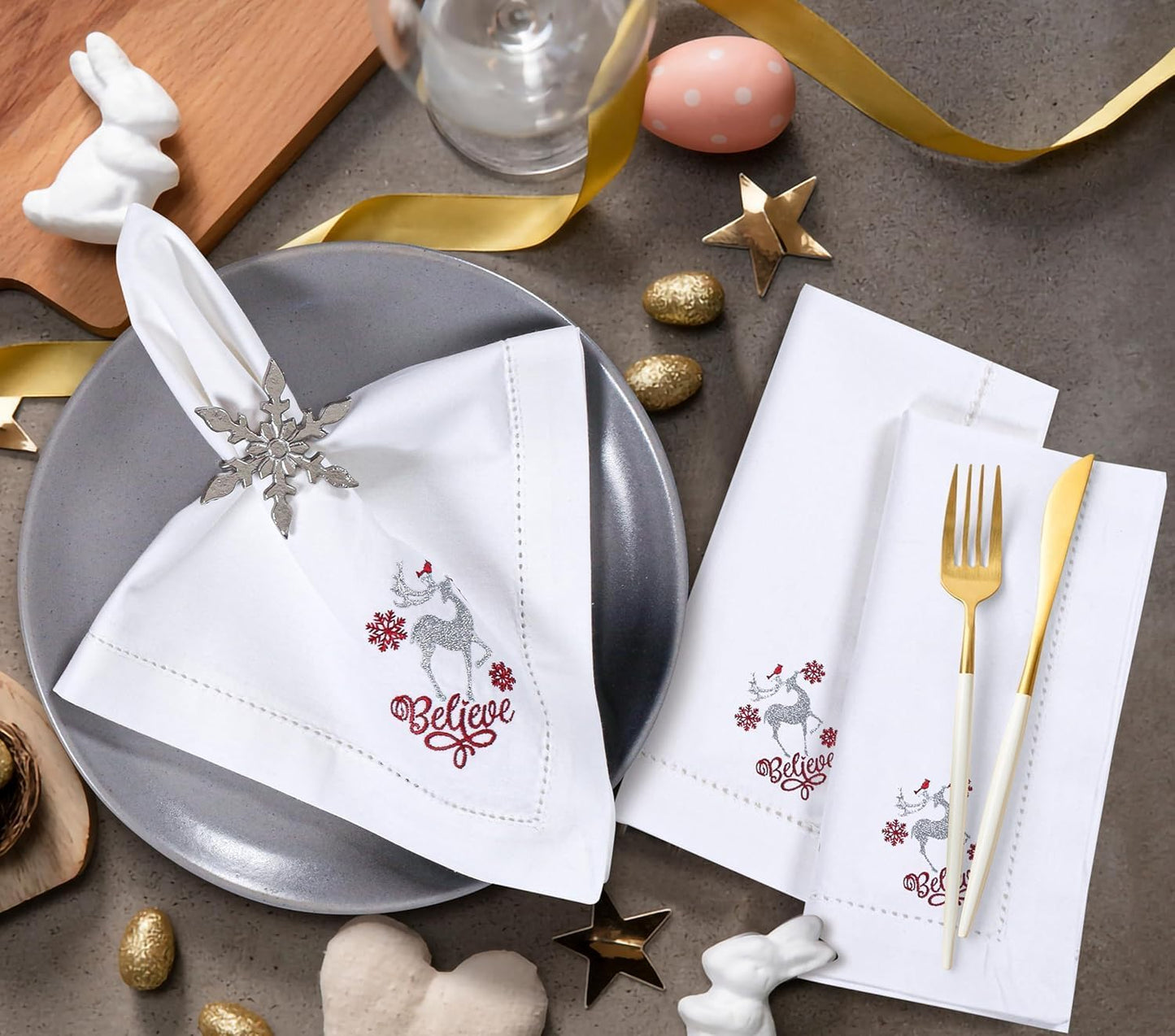 Homidate Cloth Dinner Napkins Set of 12 – 18x18 100% Cotton Silver with Red Embroidery – Machine Washable Reusable Napkins for Weddings, Parties, Dining & Holiday Events