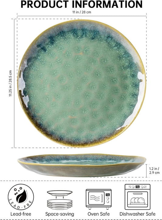 Henten Home Ceramic Dinner Plate Set, 11 Inch Porcelain Pizza, Pasta, Salad Plates, Irregular Shape Steak Plates Set of 4, Stoneware Serving Dishes for Kitchen (Green)