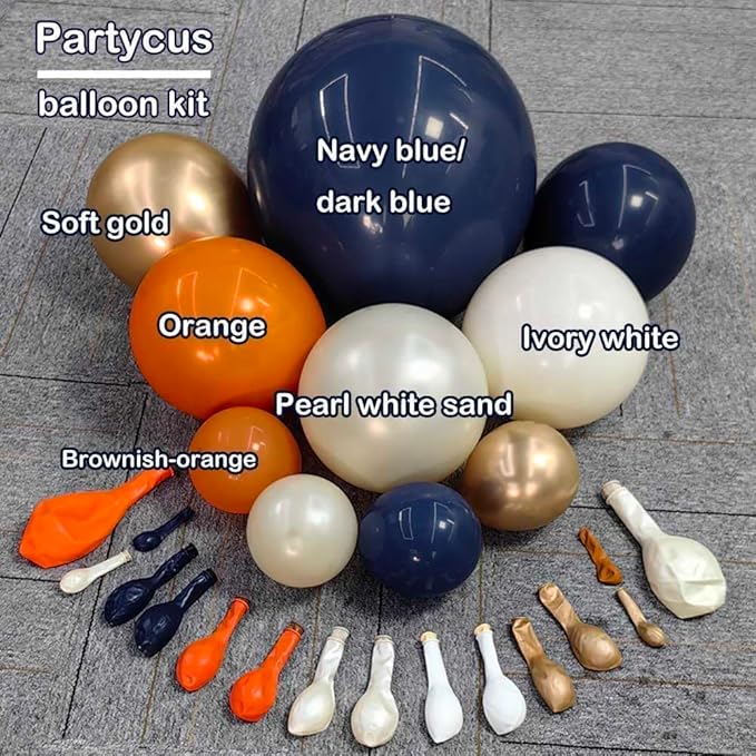Navy Blue Orange Balloon Garland Arch Kit, Double Stuffed Dark Blue Burnt Orange Pearl White Sand Gold Balloon for Birthday Baby Shower New Year Party Decoration