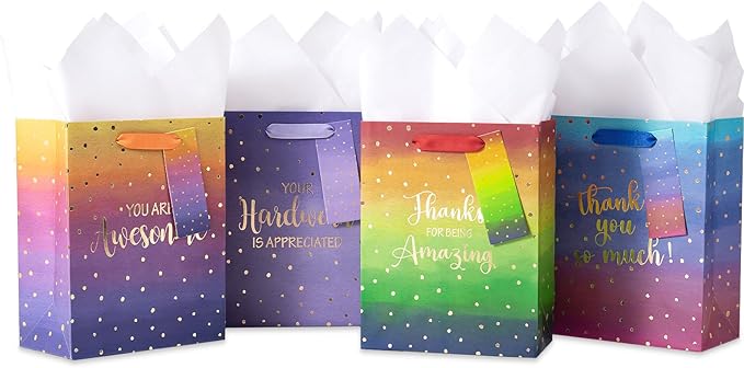 Loveinside Medium Size Gift Bags, Employee Appreciation Thanks Pattern Gift Bag with Tissue Paper for Shopping, Parties, Wedding, Baby Shower, Craft-4 Pack, 7" X 4" X 9"