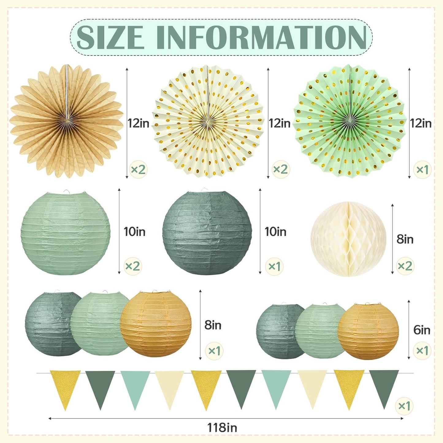 17Pcs Sage Green Party Decorations, Sage Green Gold Cream Paper Lanterns Paper Fans for Baby Shower Birthday Wedding Engagement Bridal Shower Party Decorations