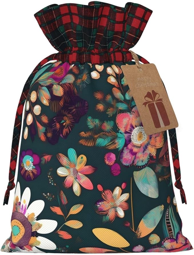 PULaif Colorful Boho Floral Christmas Drawstring Gift Bags, Large Size Christmas Bags For Gifts Party Favors, Xmas Gift Bags
