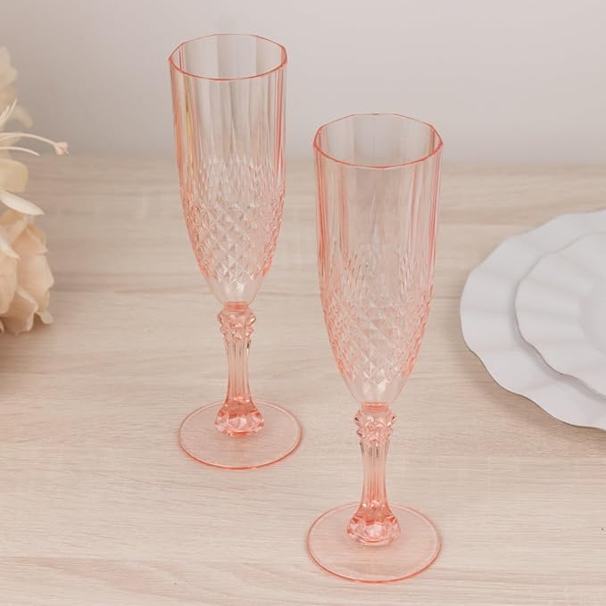 Efavormart 6-Pack Champagne Glasses, 8oz Shatterproof Plastic Crystal Cut Toast Flutes, Transparent Blush for Party Celebration Wedding