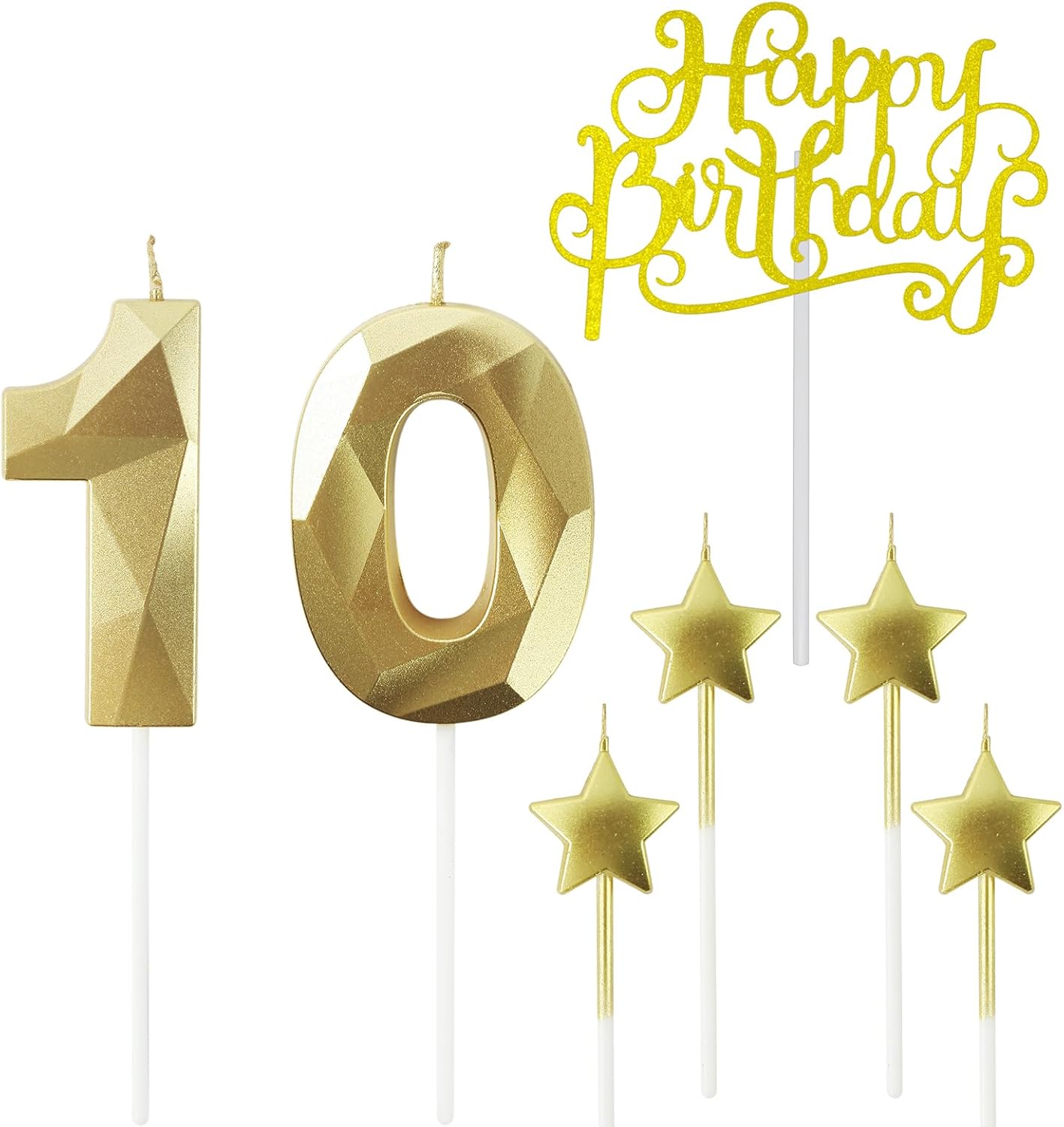 Golden Number 10 Birthday Candles and Star Birthday Candles 2.76 inch Birthday Cake Candles 3D Diamond Shaped Candles are Suitable for Birthday Parties and Anniversary Cake Decorations Candles