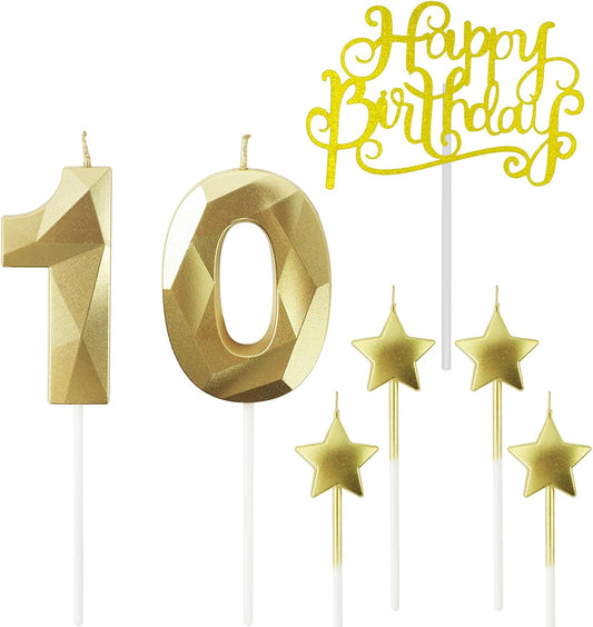 Golden Number 10 Birthday Candles and Star Birthday Candles 2.76 inch Birthday Cake Candles 3D Diamond Shaped Candles are Suitable for Birthday Parties and Anniversary Cake Decorations Candles