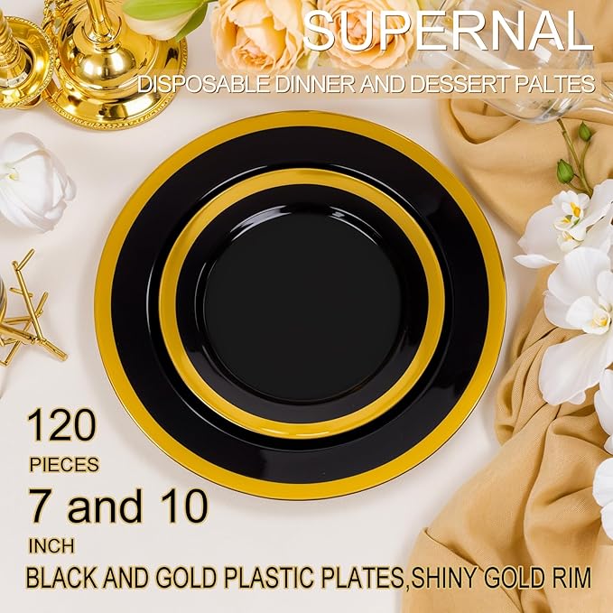 supernal 120pcs Black and Gold Plastic Plates Disposable Fancy Elegant Party Plates Heavy Duty Gold Plastic Dinnerware with Dinner and Dessert Size for Party, Valentine's Day Party and Wedding