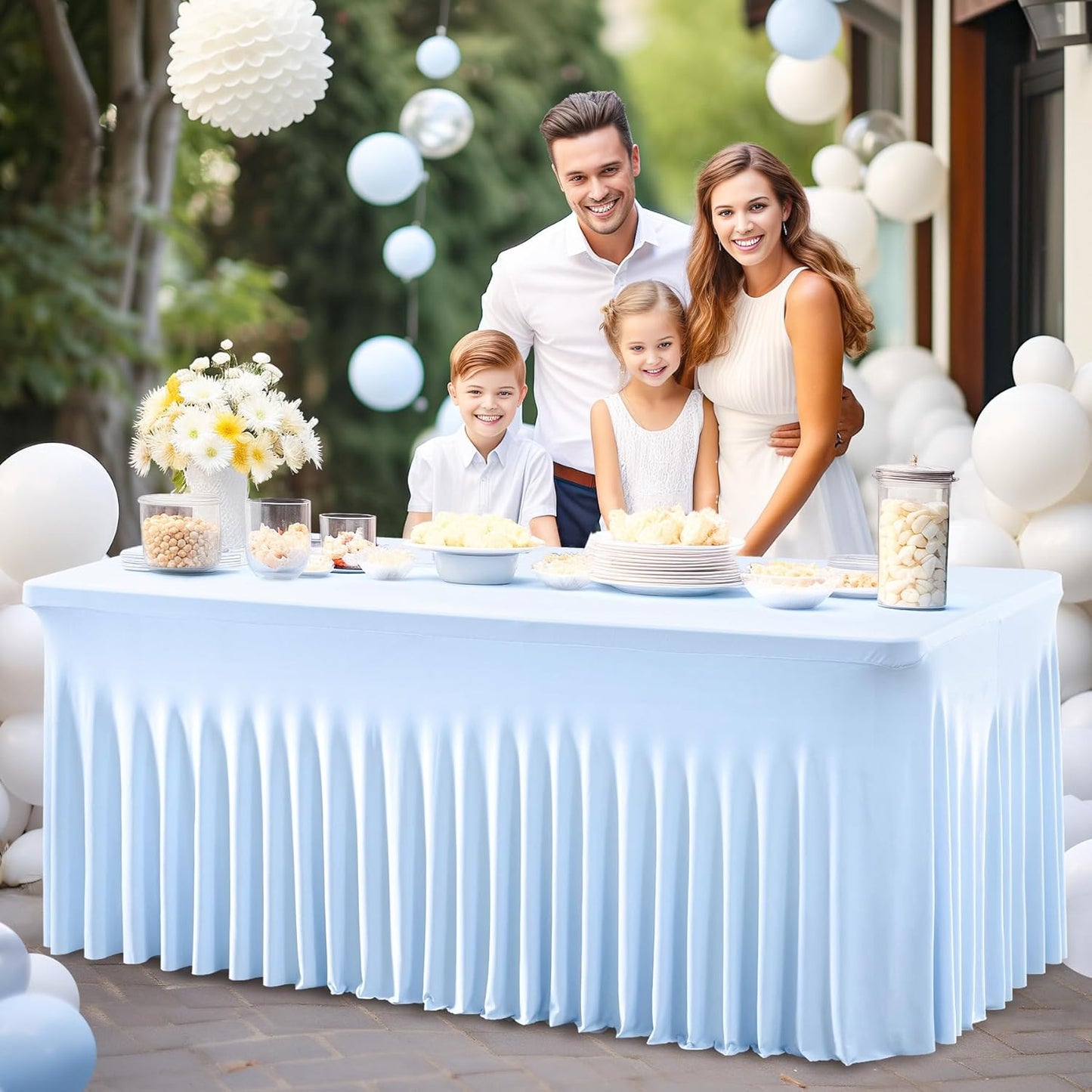 Baby Blue Spandex Table Covers 8ft, 6 Packs Fitted Table Covers for 6 Foot Tables Stretch Spandex Table Skirts Rectangle Tables for Event, Wedding, Banquet & Parties
