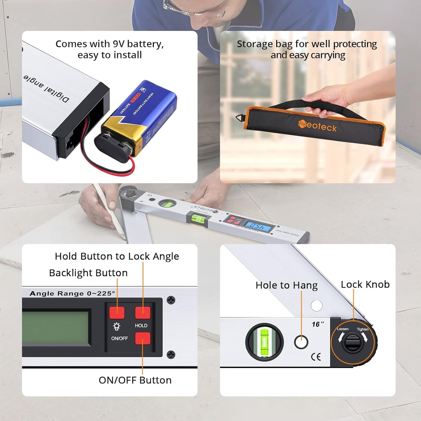 Neoteck Aluminum Digital Angle Finder Protractor 225° 16 inch Backlit LCD Digital with Horizontal and Vertical Bubble - Silver