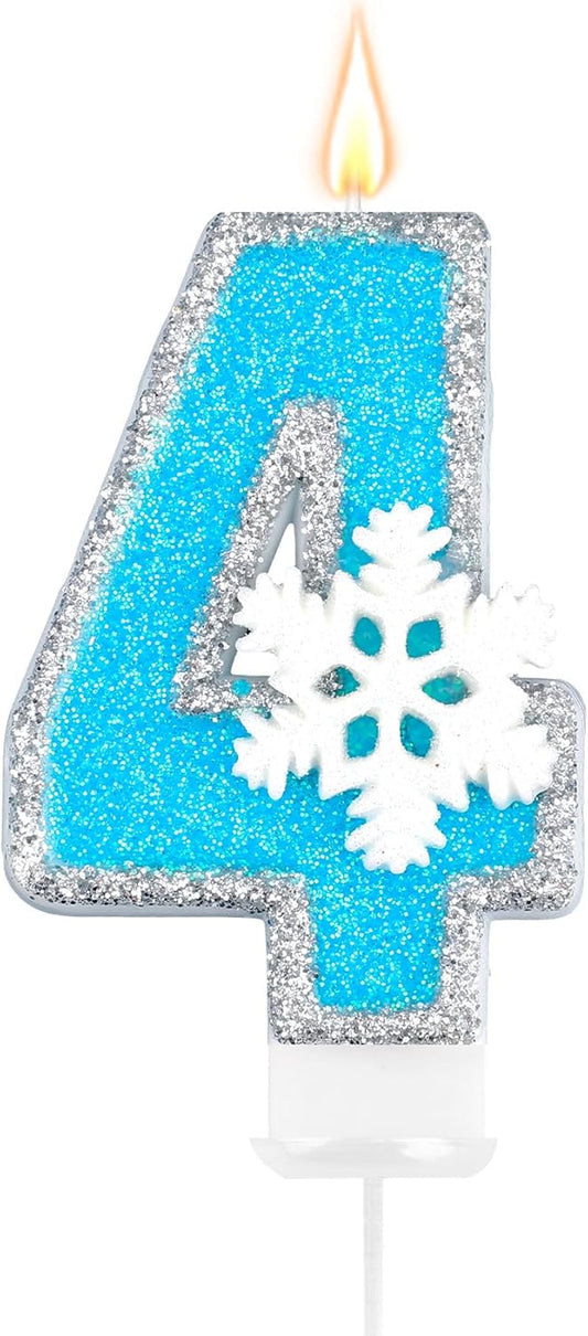 Frozen Themed Birthday Candles Party Decorations, Blue and Silver Number 4 Birthday Candle, Happy Birthday Candle for Cake, Snowflake Cake Topper Decoration for 4th 4 Year Old Party Favor Supplies