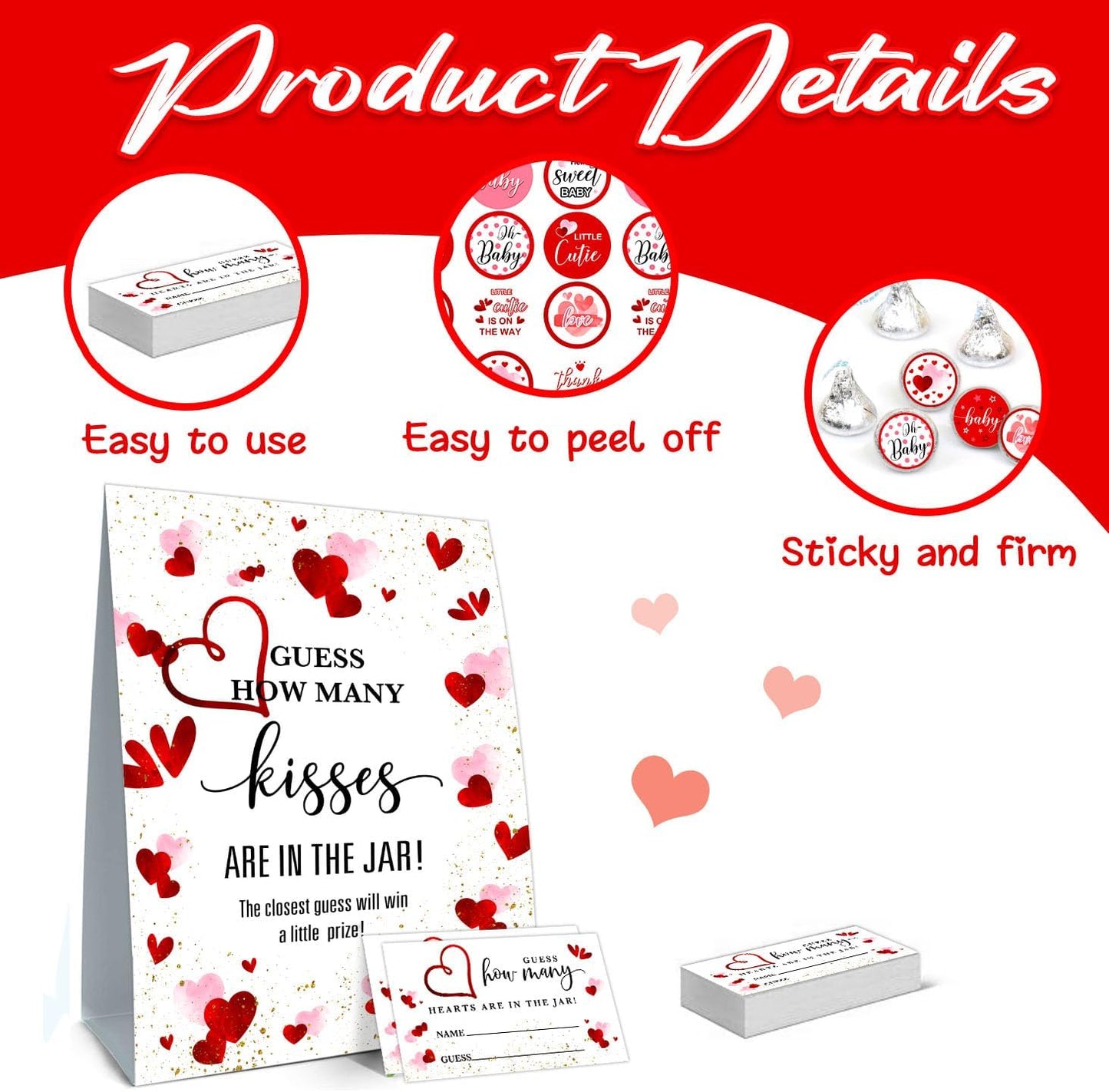 Guess How Many Kisses Baby Shower Game Set - Standing Sign, 50 Guessing Cards, 180 Stickers for Kid's Birthday Party