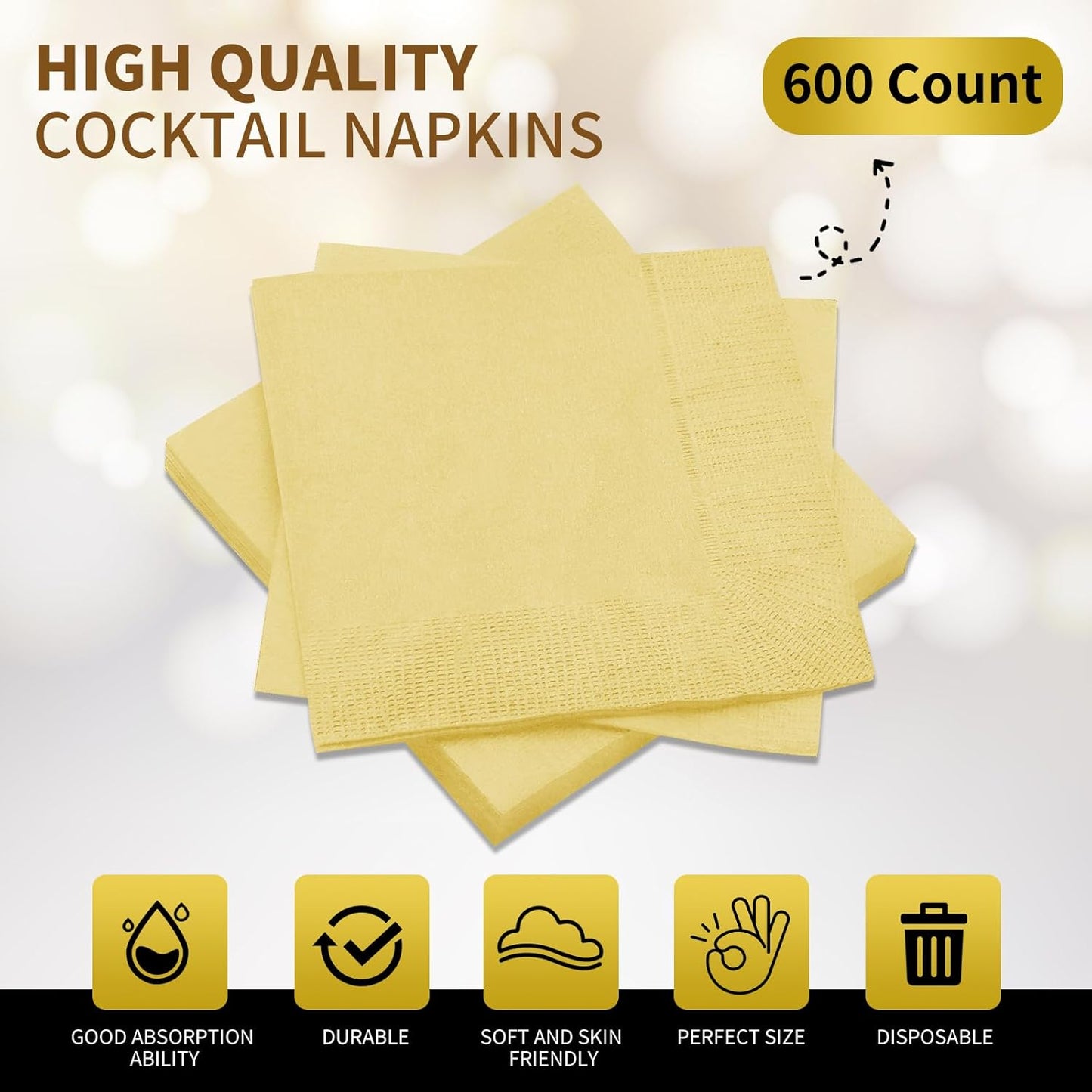 Cocktail Napkins - 600 Count 2-Ply Yellow Napkins Disposable, 4.75 x 4.75 Inch Folded Paper Napkins Bulk Beverage Napkins for Dinner Wedding Bar Party and Everyday Use