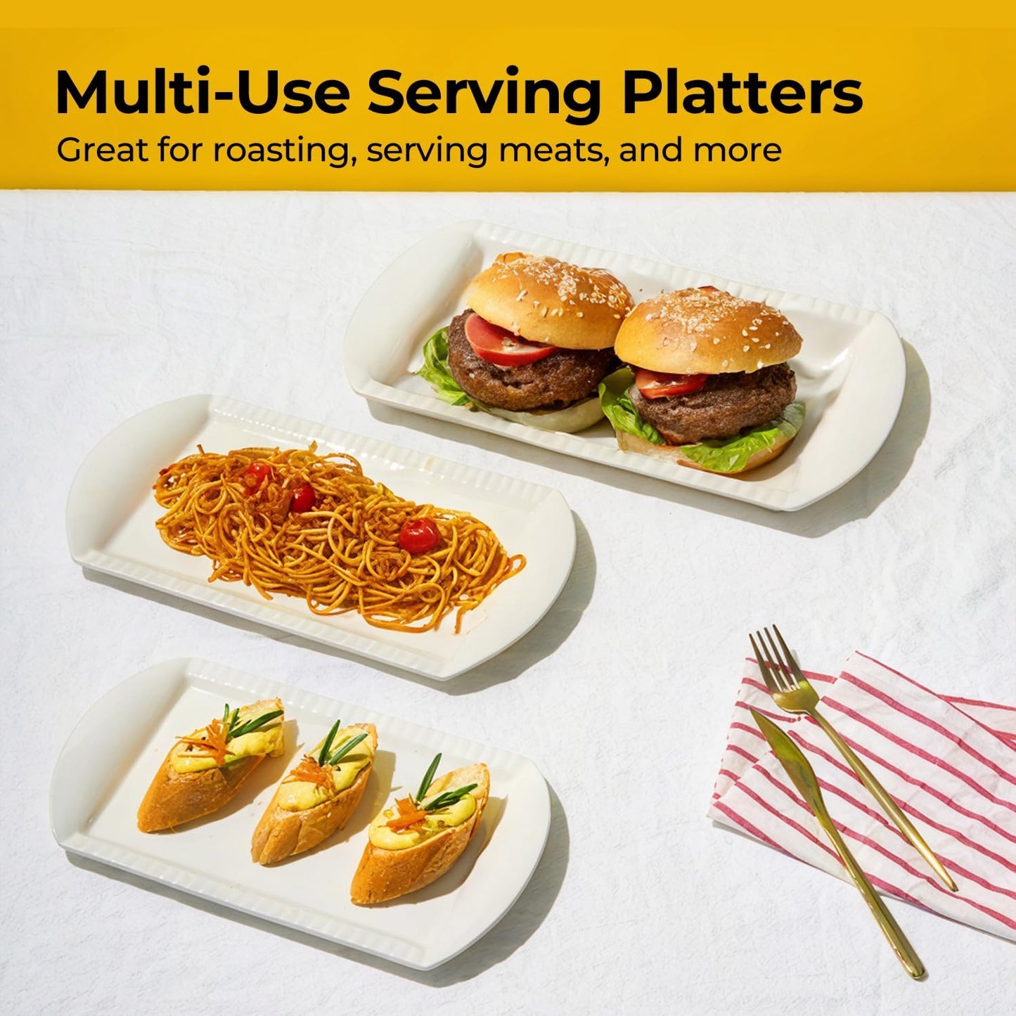 LIFVER Extra Large Serving Platters, 16"/14"/12" Rectangle Serving Trays, Serving Dishes for Entertaining, White Ceramic Platters for Serving Food Party, Turkey Platter for Thanksgiving, Set of 3