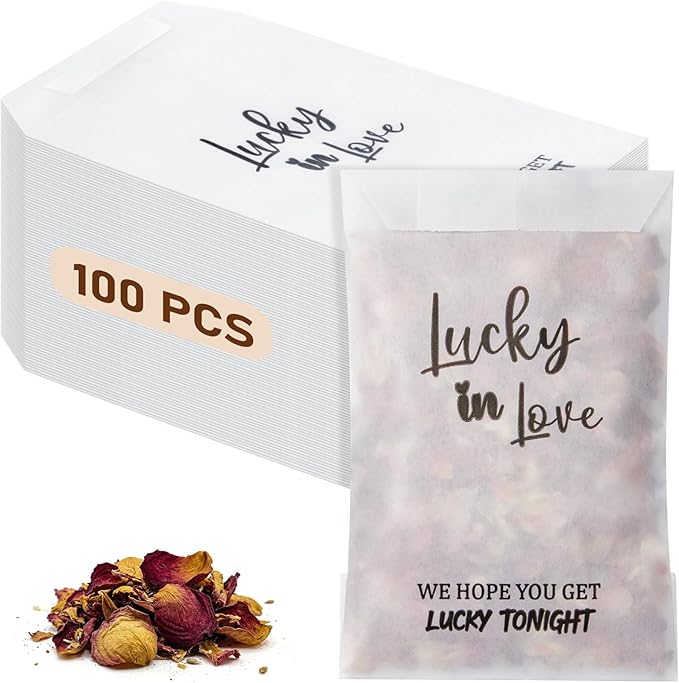 100 Pcs Wedding Confetti Bags, 2.8" x 5" Throw Flower Petal Packets Semi-transparent Glassine Waxed Paper Treat Bags for Wedding Toss, Party Decor(Lucky in Love)