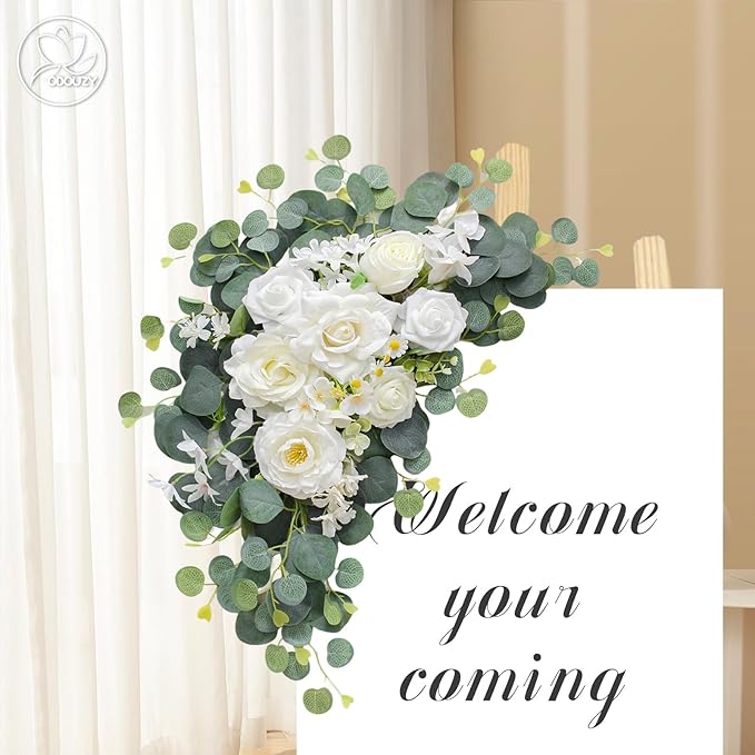 Artificial Wedding Arch Flowers for Wedding Sign,Set of 2 for Wedding Welcome Ceremony Sign,Faux Floral Swags,Wedding, Banquet and Reception Backdrop Floral Decoration (White Champagne)