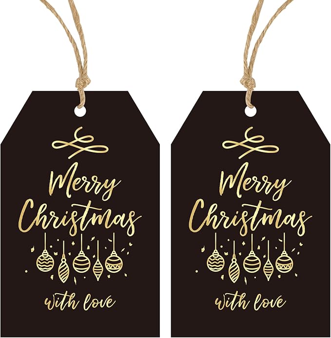 Anwyll Christmas Gift Tags with String - 50Pcs Gold and Black Merry Christmas with Love Tags for Gifts Xmas Gift Tag Happy Holidays Hang Paper Label Tag for Present Wrap Goodie Bag Holiday Party Favor