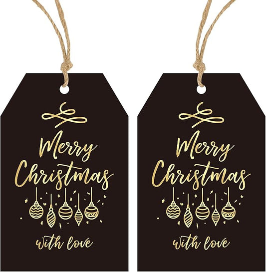 Anwyll Christmas Gift Tags with String - 50Pcs Gold and Black Merry Christmas with Love Tags for Gifts Xmas Gift Tag Happy Holidays Hang Paper Label Tag for Present Wrap Goodie Bag Holiday Party Favor