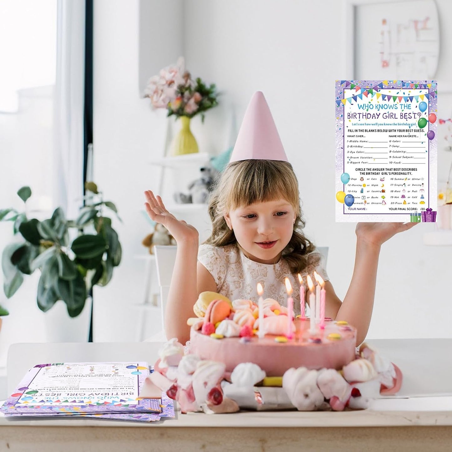 Skylety The Birthday Girl Best, 50 Pieces Birthday Party Activity Game Card Set Who Knows Her Best Girl Birthday Party Activity Themed Party Decorations (Purple)