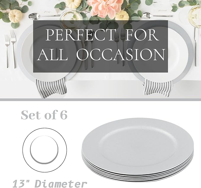 MAONAME Silver Charger Plates Set of 6, 13-Inch Round Plate Chargers for Dinner Plate, Plastic Table Chargers for Wedding Decor, Party
