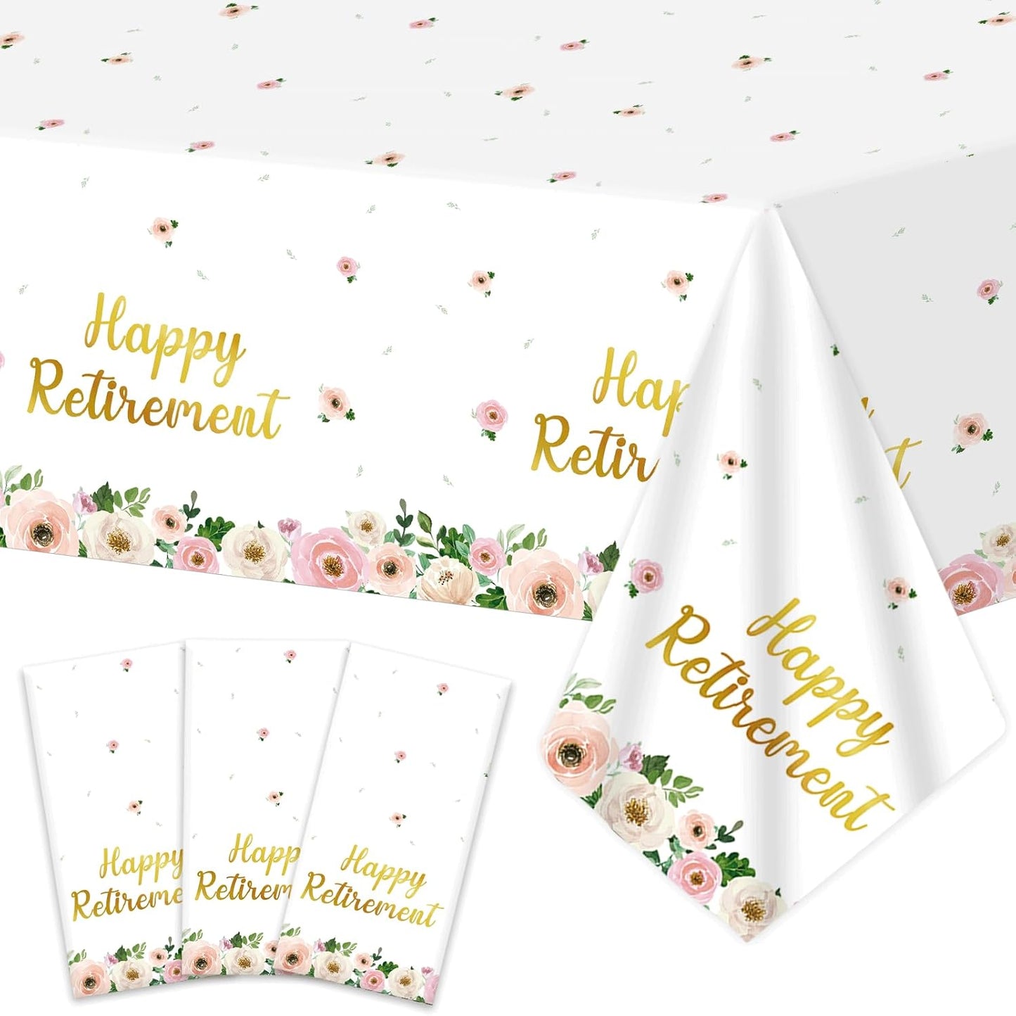 3Pcs Flower Retirement Tablecloths Happy Retirement Party Decorations White Peony Table Covers Pink Gold Floral Plastic Disposable Table Decor for Women Goodbye Going Away Party Supplies 54 x 108 Inch