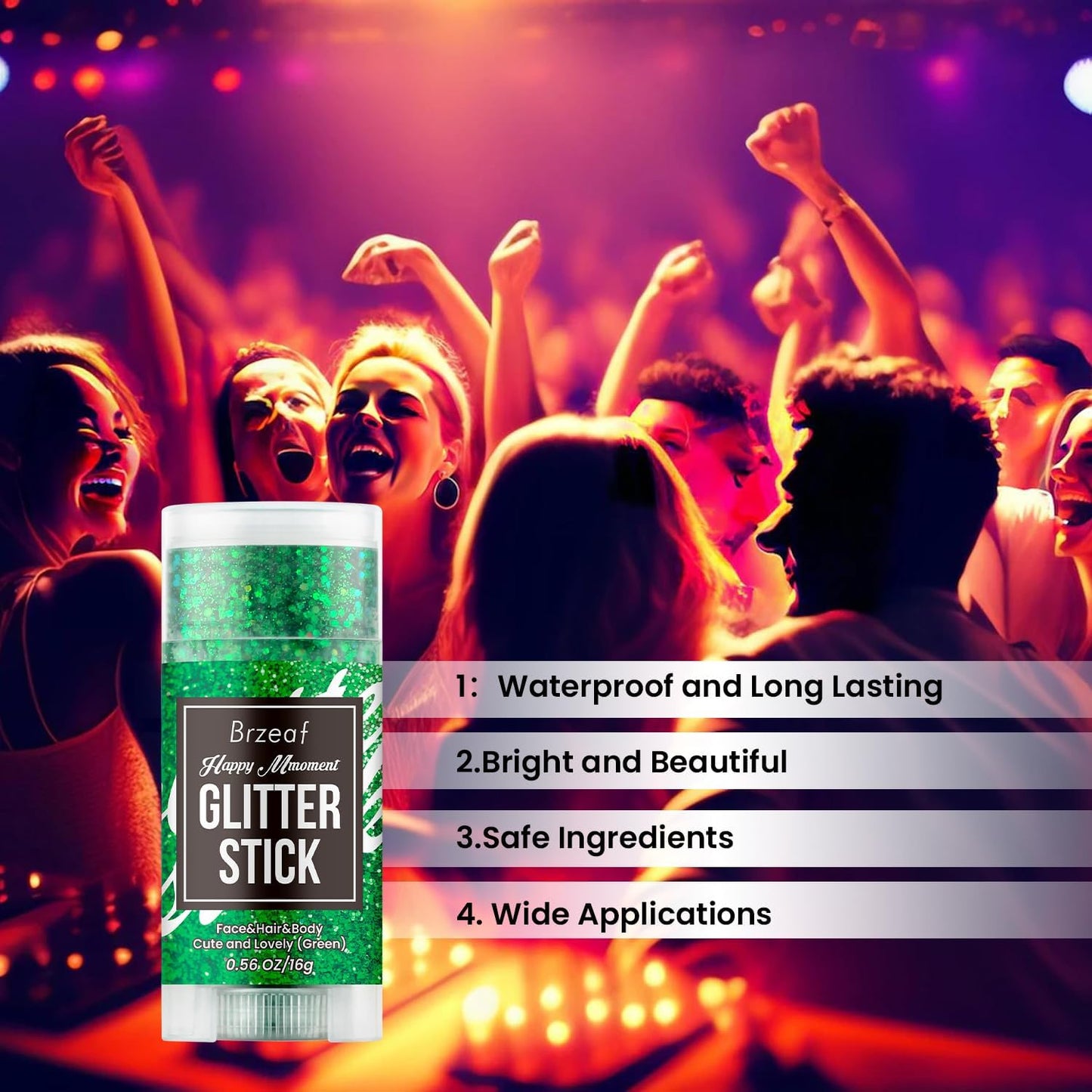 Brzeaf Waterproof Green Body Glitter Stick, Christmas Chunky Glitter for Face/Body/Hair/Eyes/Lip, Singer Concert Music Rave Festival, Glitter Stick Makeup & Face Glitter Gel for Women Men 0.56 OZ