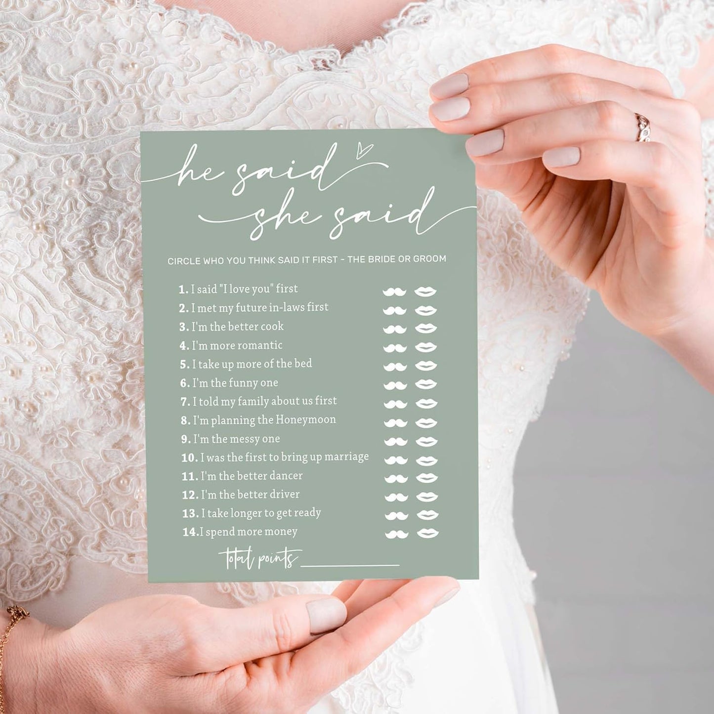 Bridal Shower Games Cards, He Said She Said Game Cards, Bridal Shower Game 25 Guests, Engagement Party Wedding Games for Guests, Minimalist Green Wedding Party Supplies - C07