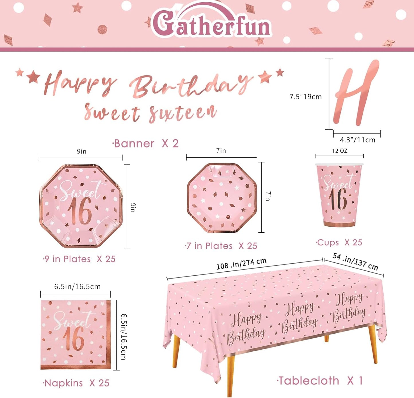 Rose Gold & Pink Sweet 16 Birthday Bundle: Party Supplies Set with paper Plates, Napkins, Cups, Tablecloth & Banner - Sweet Sixteen Decorations, Party Favors ，Serves 25