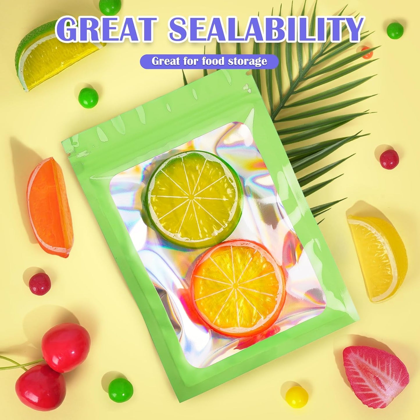 300 Pcs Mylar Bags, Smell Proof Bags Foil Pouch, Holographic Resealable Bags for Small Business, Candy Sample Jewelry Bag Sealable Packaging for Party Favor Food Storage (4x6in-Green)