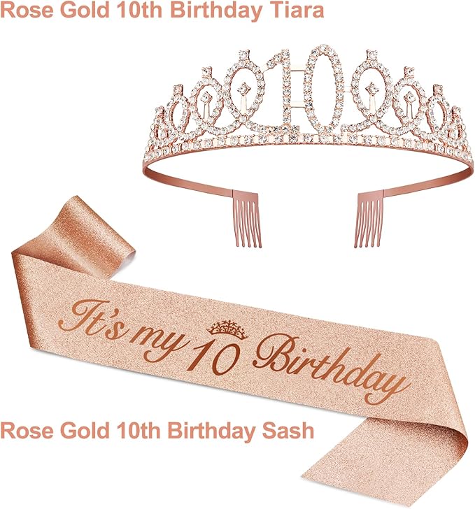 10th Birthday Decorations for Girls with Rose Gold Sash, Tiara,Numbers Candles, Sincere 10th Birthday Gifts for Girls