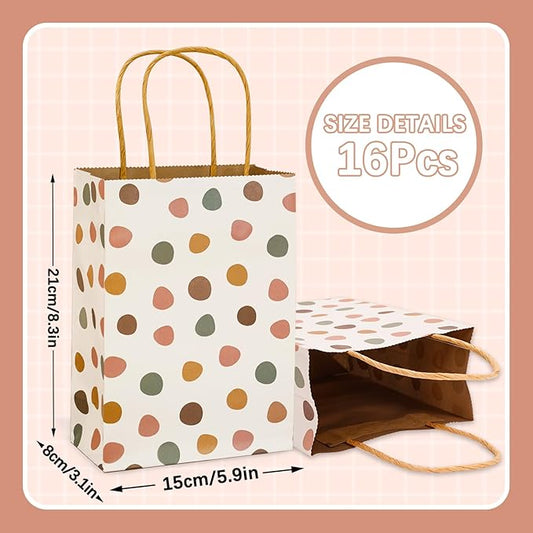 JarThenaAMCS 16Pcs Boho Party Favor Bags Neutral Paper Gift Bags with Handles Hand Drawn Dot Candy Goodie Treat Bags for Wedding Birthday Baby Shower Party Supplies